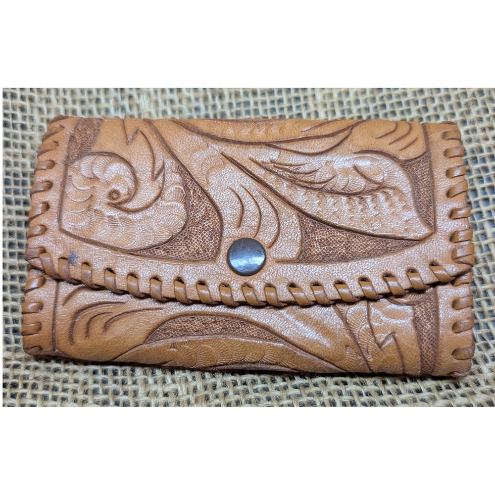 Vintage Hand Tooled Leather Key Case Holder Floral Western Tan 6 Hook Wallet